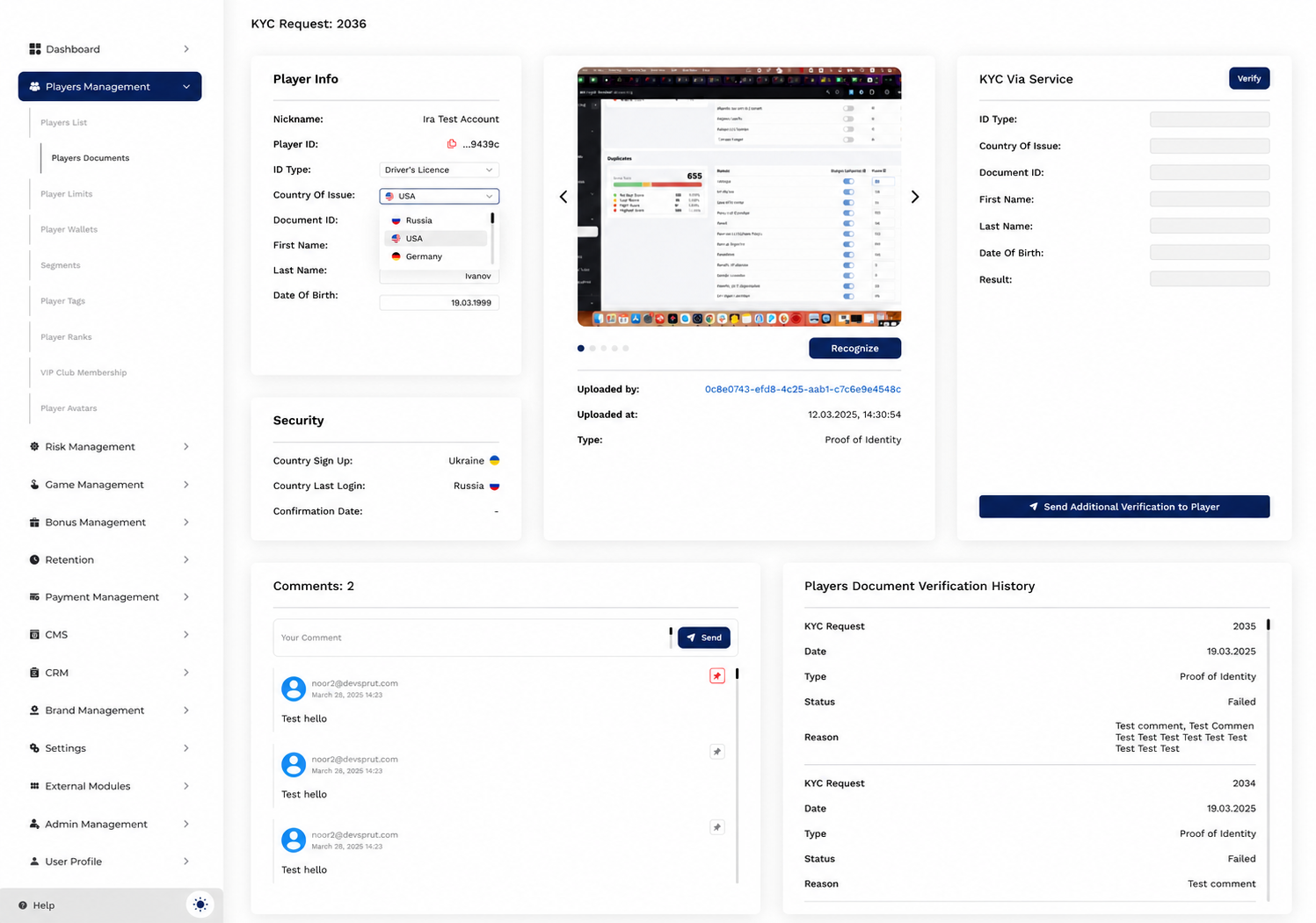 KYC & Player Management — Whalesoft back office screen