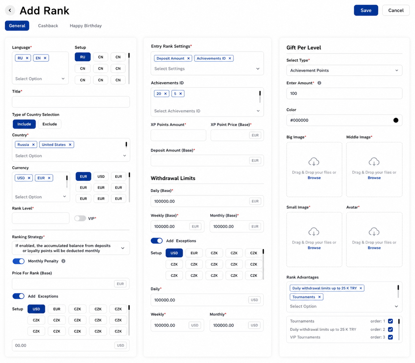 Rank & Loyalty Builder — Whalesoft back office screen