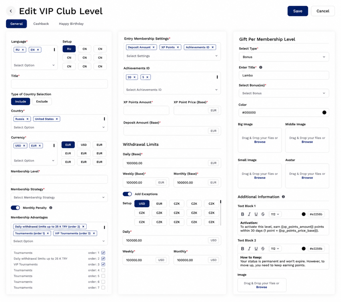 VIP Club Builder — Whalesoft back office screen