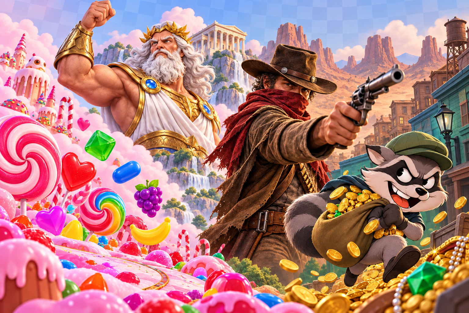 Composition inspired by Sweet Bonanza, Gates of Olympus, Wanted Dead or a Wild and Le Bandit