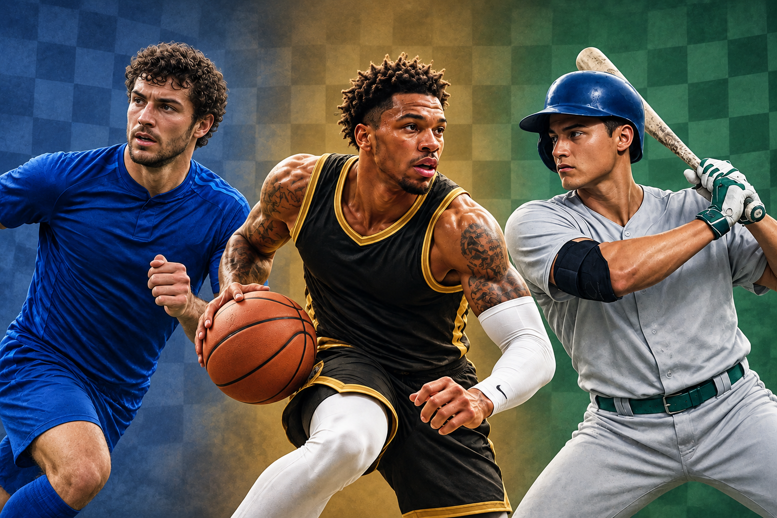 Football, basketball and baseball composition